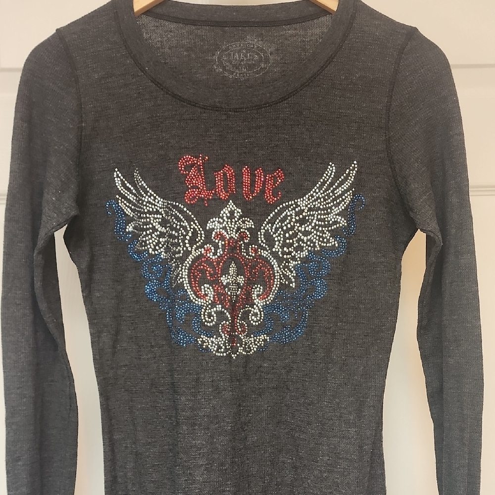 Jake's Women's Long Sleeve Graphic Tee - Gray Rhinestone Size Medium